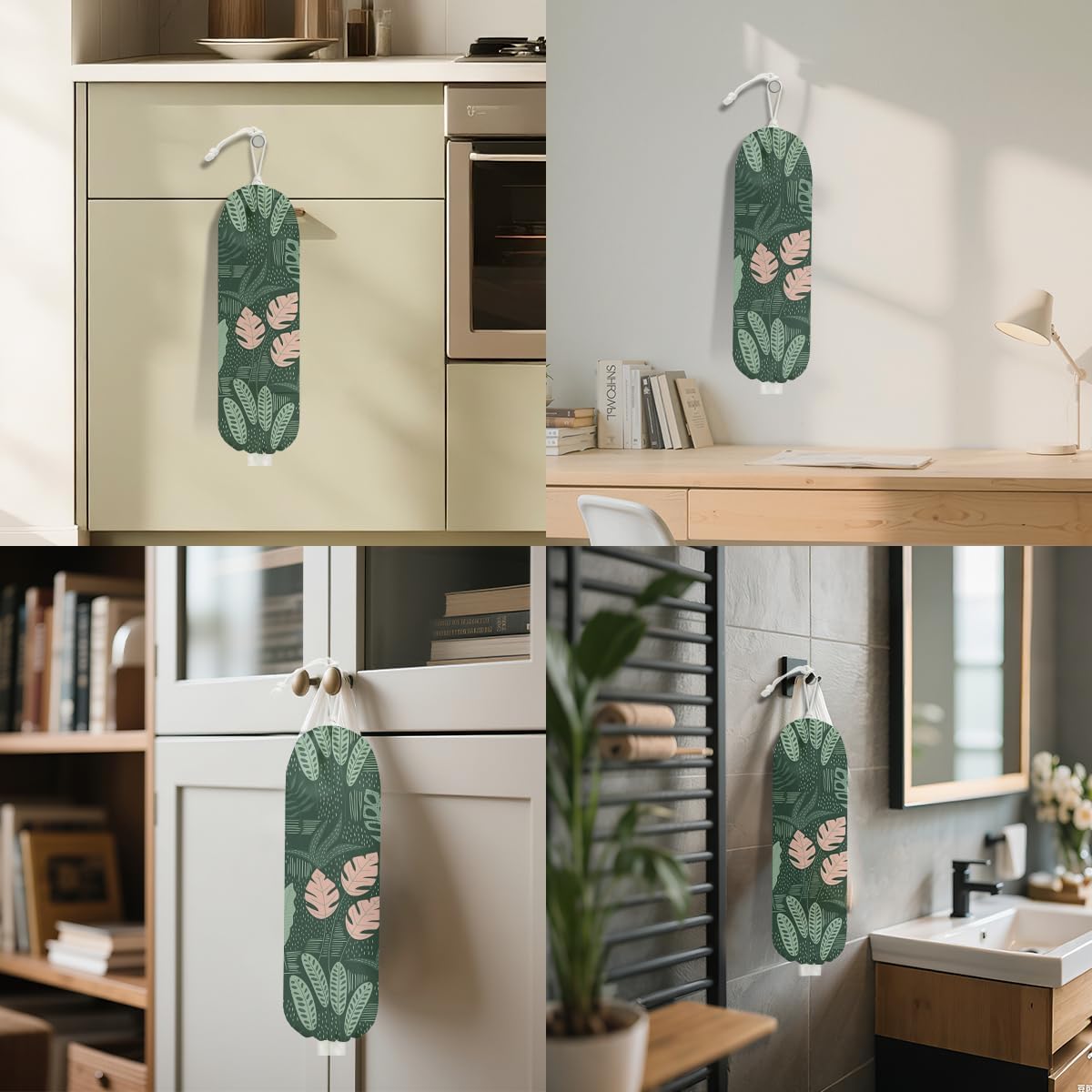Tropical Green Leaves Plastic Bag Holder, Grocery Bag Holder for Plastic Bags, Nature Greenery Reusable Grocery Bags Storage Dispenser for Home Kitchen Decor, Plant Lover Gifts for Women