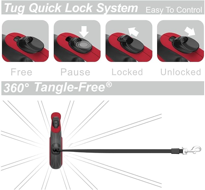 TUG Tiny 360° Tangle-Free Retractable Dog Leash with Anti-Slip Handle | 10 ft Nylon Tape | One-Handed Brake, Pause, Lock (Red)