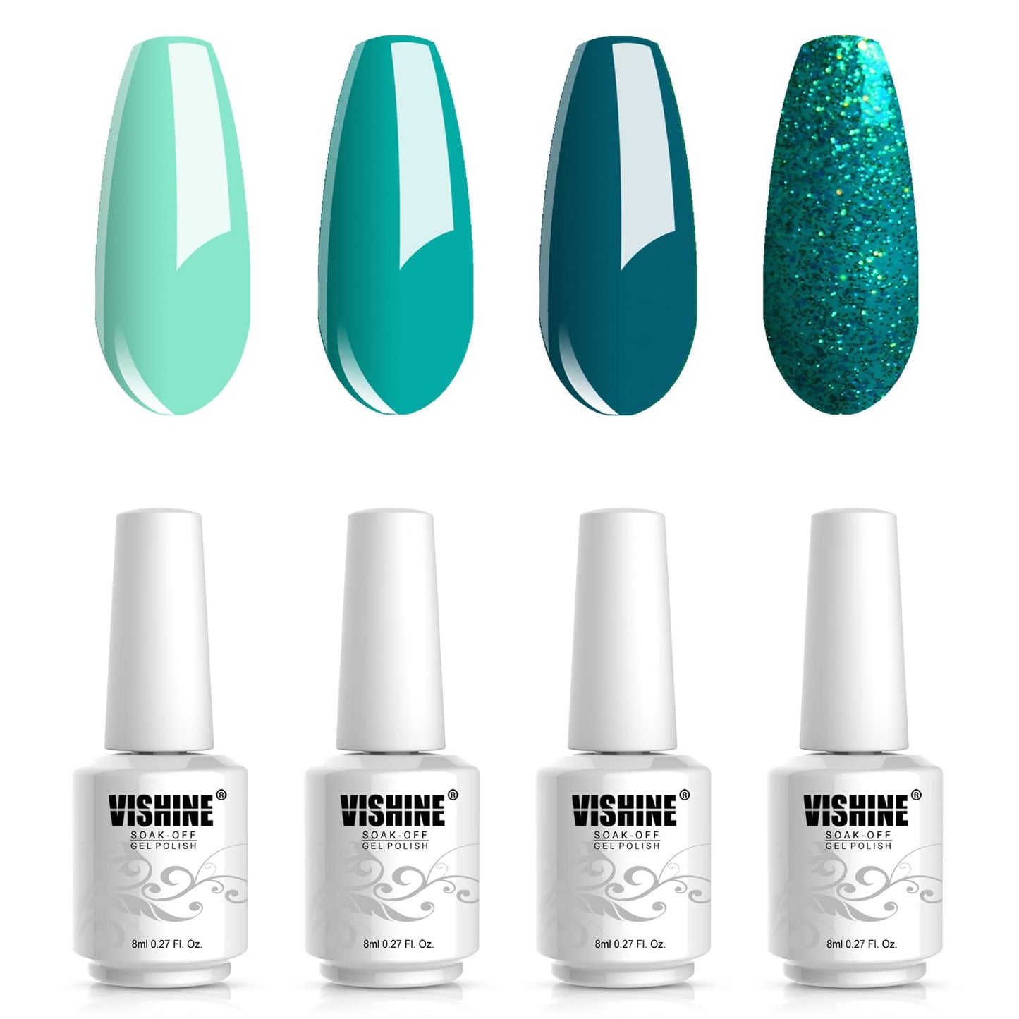 Vishine Gel Nail Polish Set - 4 Colors Dark Green Gel Polish Set Matcha Color Sparkly Glitter Gel Polish Misty Forest Green Soak