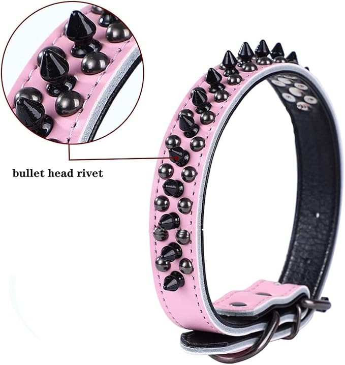 Spiked Studded Dog Collar, Genuine Leather Dog Collar, Adjustable Pet Collars for Medium Large Bulldog Pitbull Mastiff Poodle Boxer (L:37-47cm, Black-1)