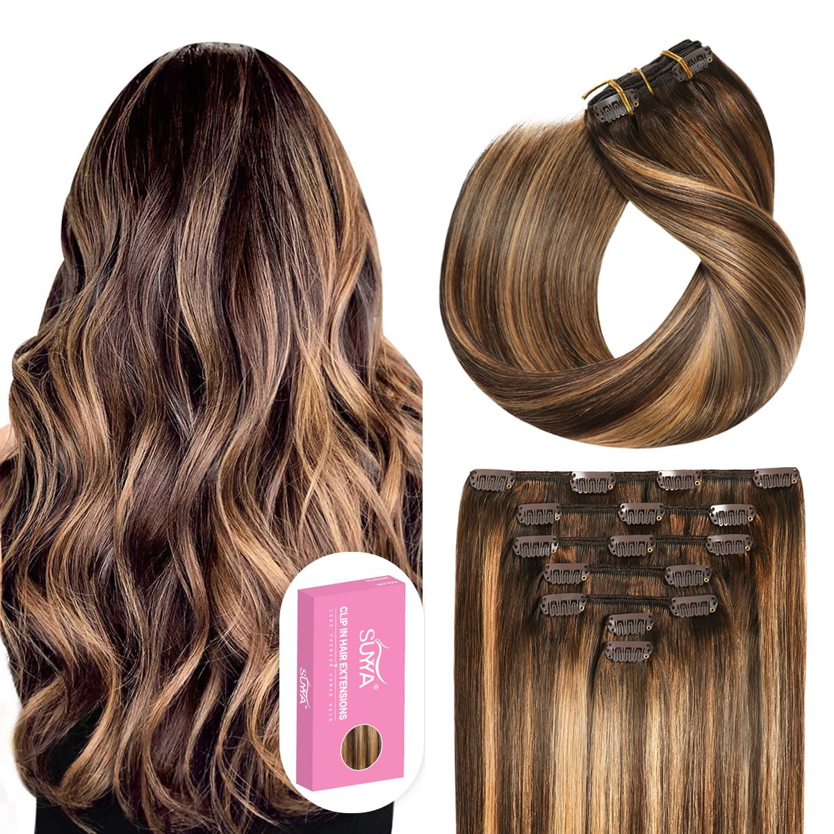 Suyya Clip In Hair Extensions Real Human Hair 14 Inch 110G 7Pcs Hair Extensions Human Hair Clip Ins Silky Straight Double Weft O
