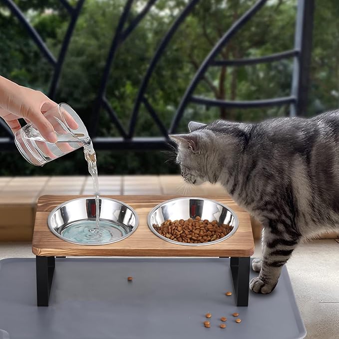 Upgraded Elevated Cat Bowls with Food Mat,15°Tilted Stand Anti Vomiting Raised Cat Dishes for Food and Water,2 Stainless Steel Bowls for Cats and Puppy(Rustic Brown)
