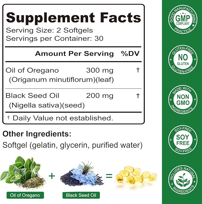 Nature's live Oil of Oregano with Black Seed Oil, 2 in 1 Oregano Supplement for Immune Health, Retains High Concentrated Carvacrol & Thymoquinone, Non-GMO, 60 Softgels, 2 Pack