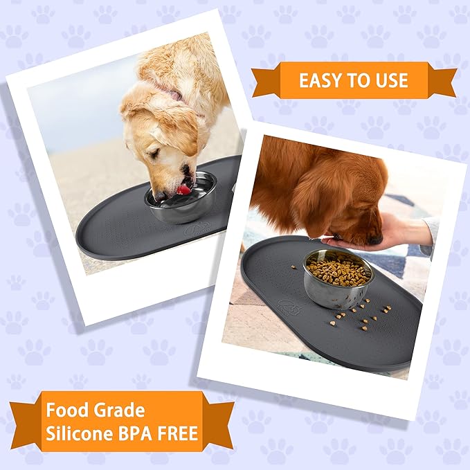 100% Waterproof 0.5" Raised Edge BPA Free Silicone Dog Food Mat, Pet Cat Feeding Mats Contain Spills Protects Floors, Placemats for Cats and Dogs Water Bowl Dishwasher. (Large/XL, Gray)