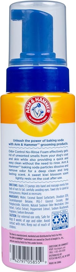 Arm & Hammer for Pets Odor Control Pet No-Rinse Foam with Baking Soda, Kiwi Blossom Scent, Odor Eliminating Foam for Dogs and Puppies; Arm and Hammer Waterless Dog Deodorizer, 8oz - 6 Pack