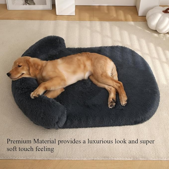Calming Dog Bed - Fluffy Plush Mat with Removable Washable Cover | Furniture Protector for Large Dogs & Cats(Grey,47.24X29.53X5.91in)