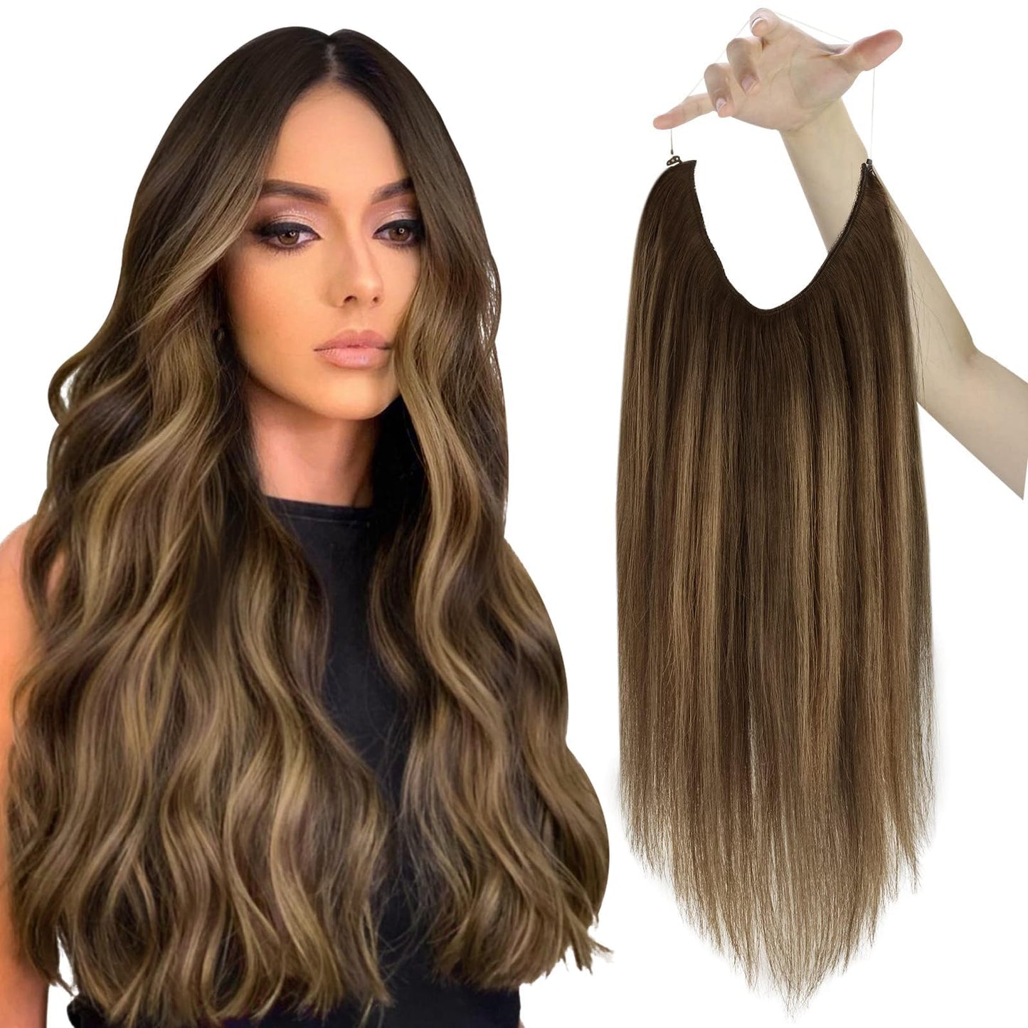 Sunny Wire Hair Extensions 125G Long Human Hair Wire Extensions Dark Brown Balayage Caramel Blonde Invisible Wire Hair Extension