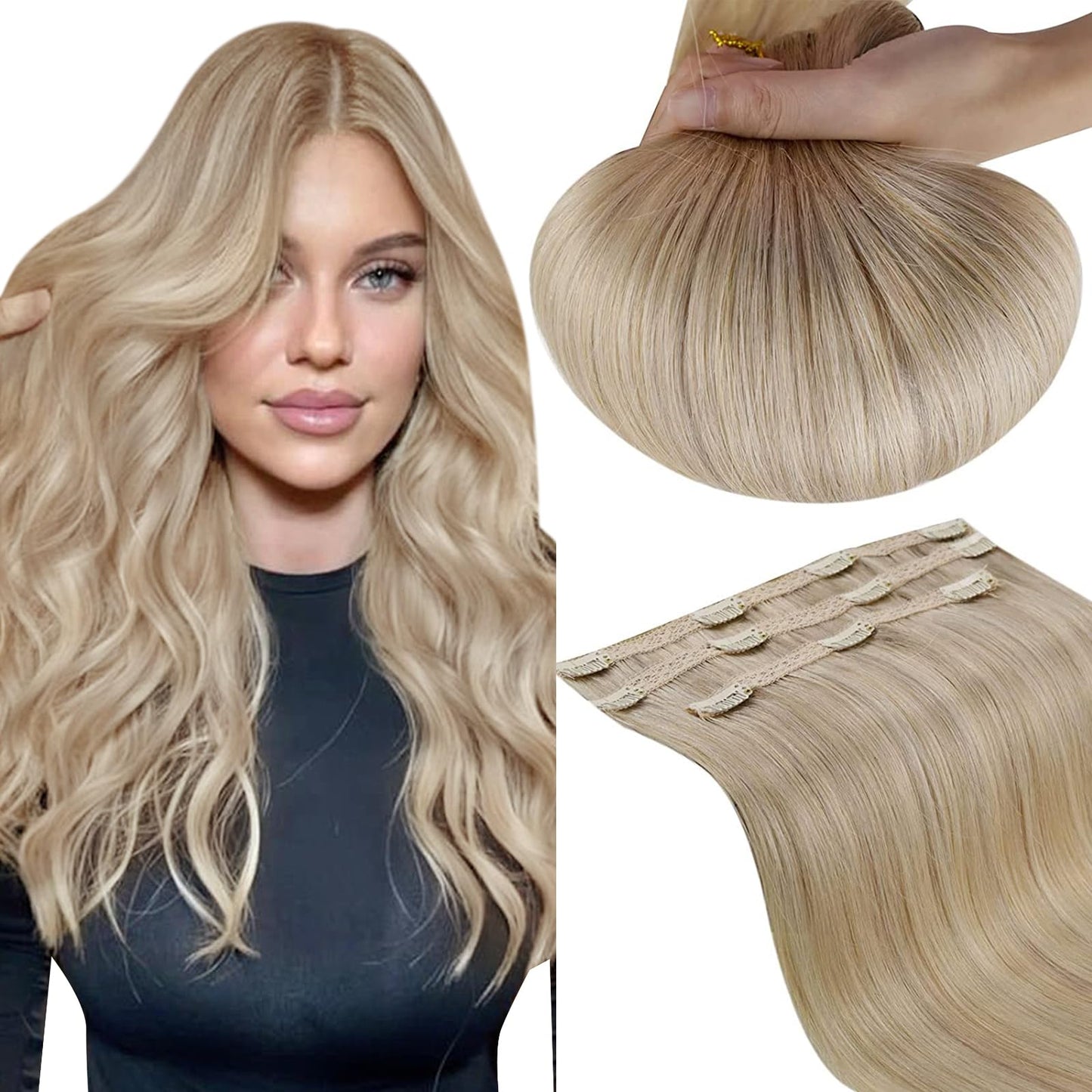 Runature Real Hair Extensions Clip In Blonde Hair Extensions 18 Inch 3Pcs Dark Ash Blonde Highlight Light Blonde Clip In Hair Ex