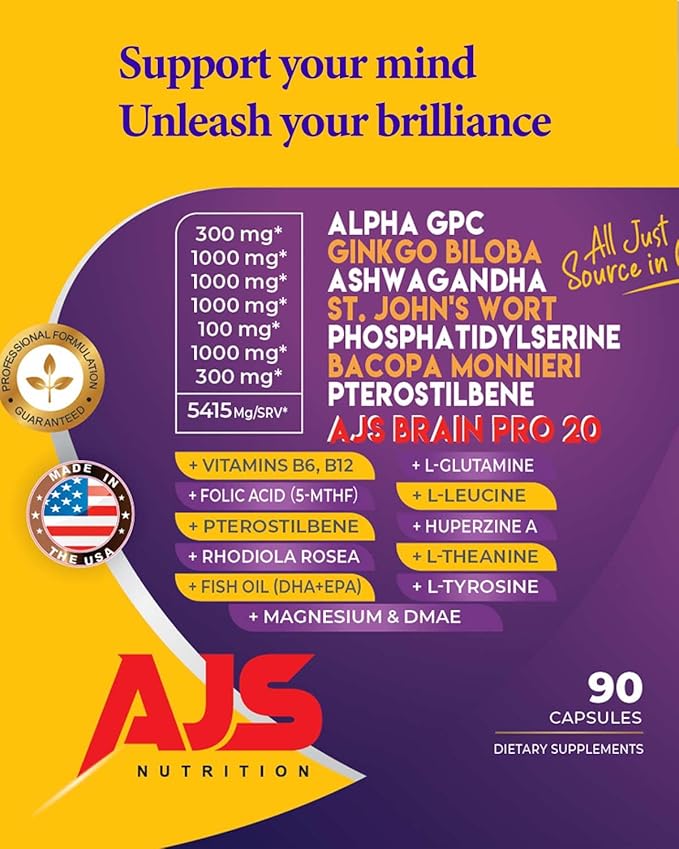 AJS Alpha GPC Nootropic Brain Supplement,Phosphatidylserine,St. John'sWort Ginkgo Biloba,Ashwagandha,Bacopa Monnieri,Pterostilbene,Magnesium Glycinate,Ginkgo Biloba,5-MTHF,Huperzine A 60CT,90 capsules