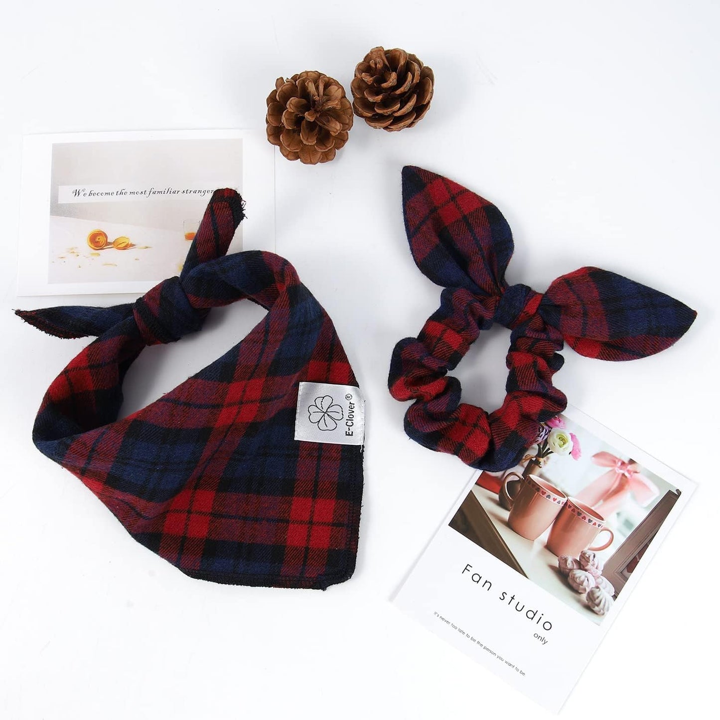 E-Clover Dog Bandanas & Matching Scrunchie Set Plaid Dog Scarf Bibs for Medium Large Dogs Girl Boy Pet Owner Gift Red Blue