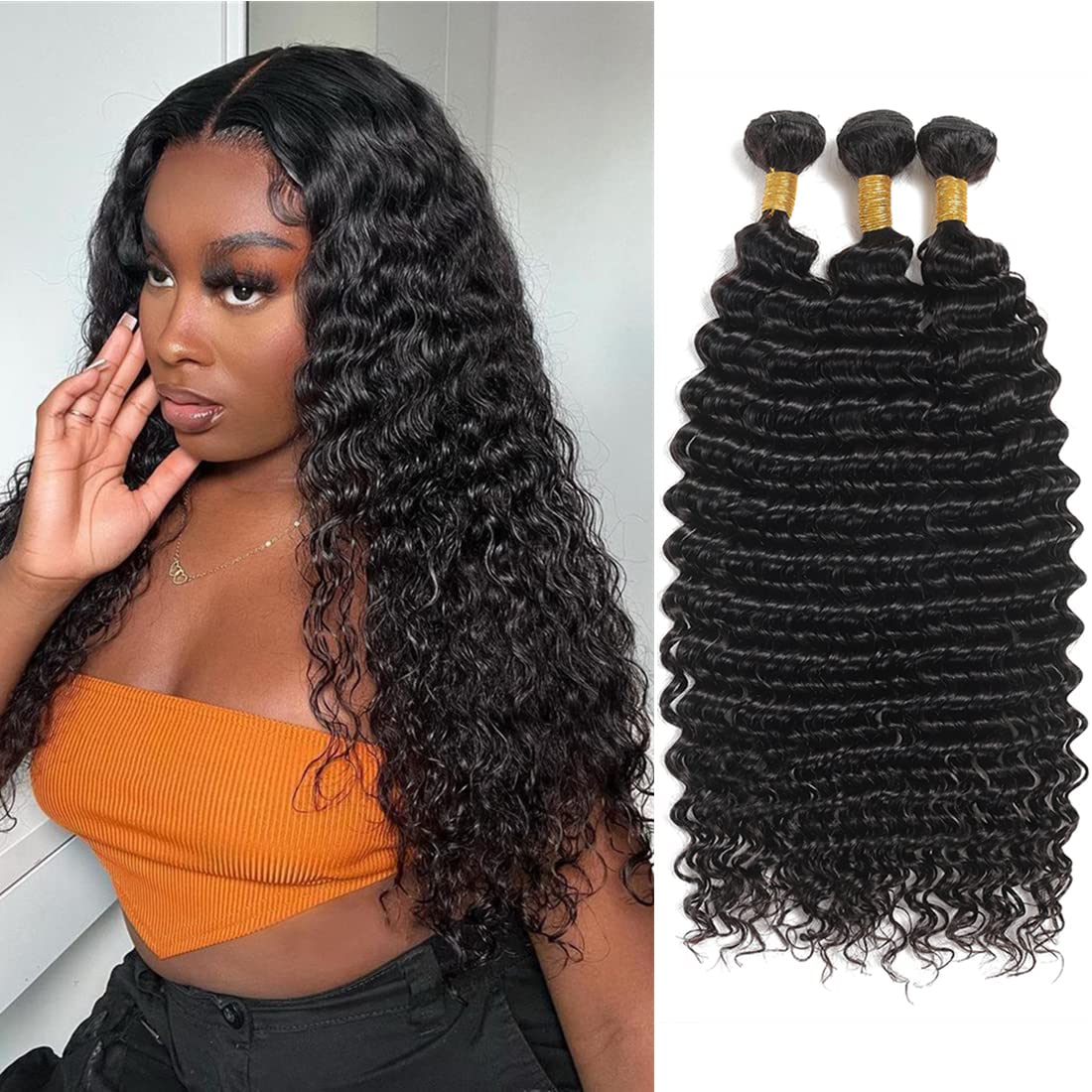 Human Hair Deep Wave 3 Bundles 16 18 20 Inch Natural Color For Black Women Deep Curly Bundles 100% Unprocessed Brazilian Virgin