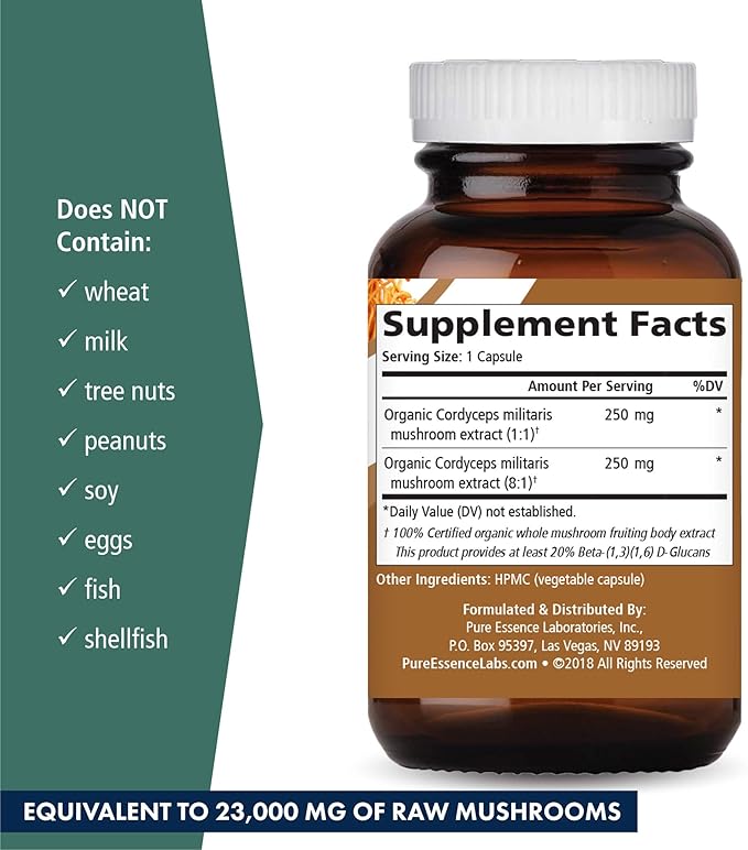 PURE ESSENCE LABS MyPure Cordyceps 4X Mushrooms - Concentrated Cordyceps Mushroom Powder Supplements for Immune System, Stress Response, Physical & Mental Performance - 1 Month Supply