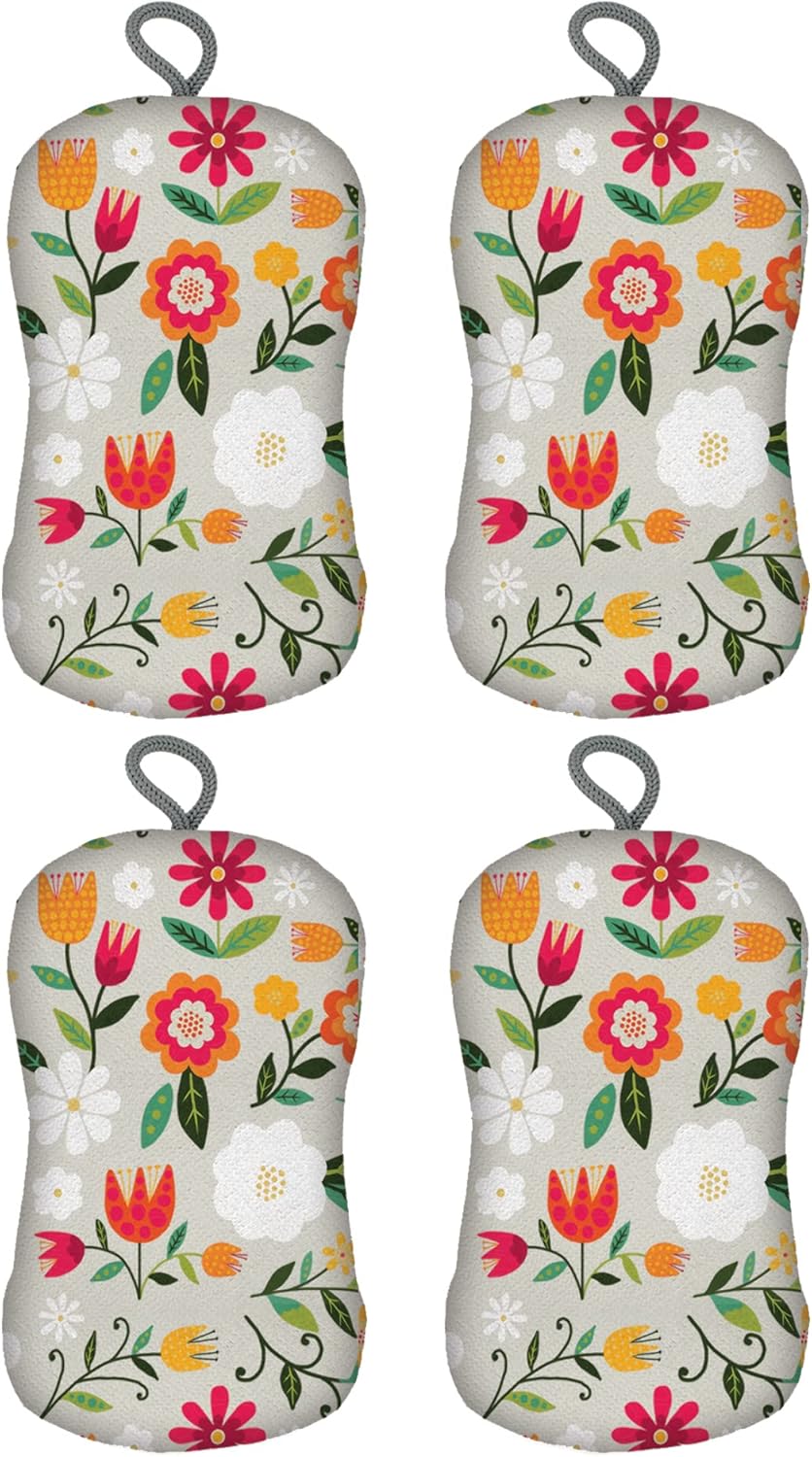 MÜkitchen Premuim Sponge for Dishes and Household Cleaning | Microfiber Print and Non-Scratch Scrub Pad | Set of 4 | (Retro Floral)