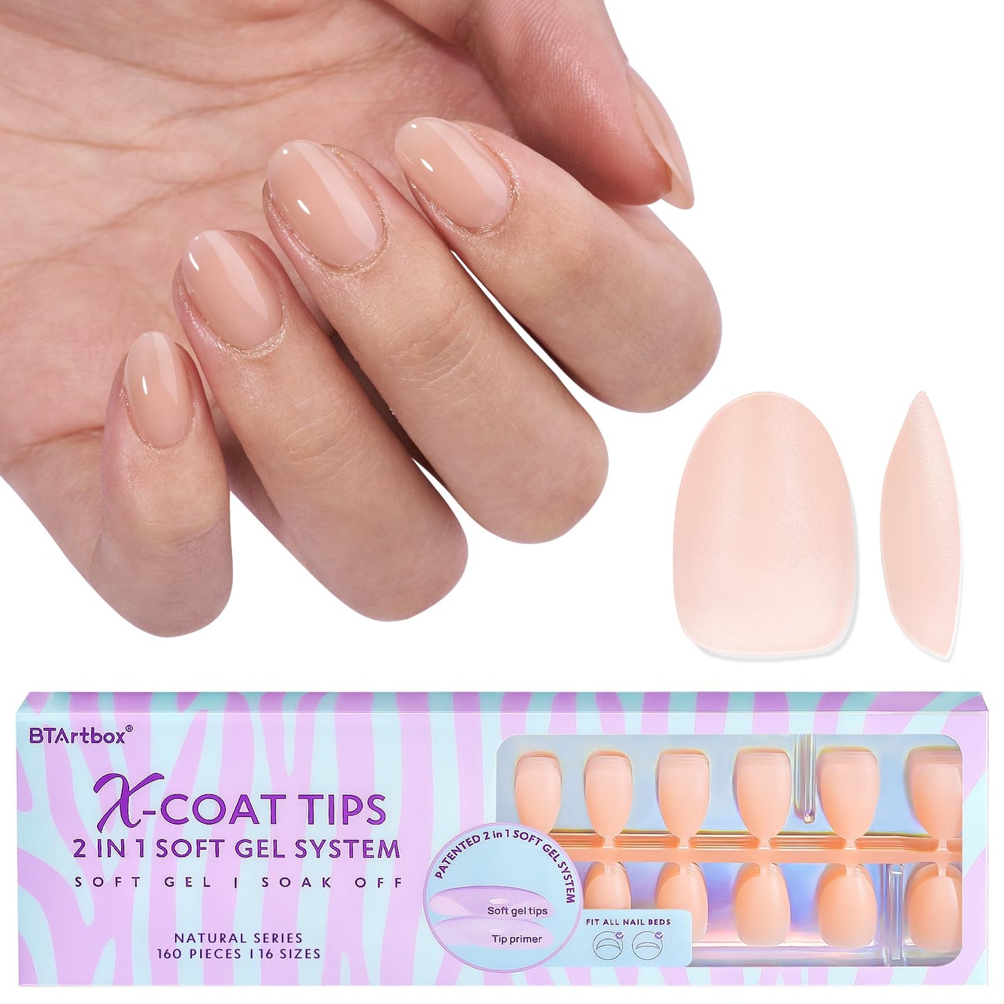 Btartbox 160Pcs Almond Plastic False Nails, Extra Short With Primer Cover, Jelly Xcoattips, 16 Sizes, Full Well Tips, Pressure C