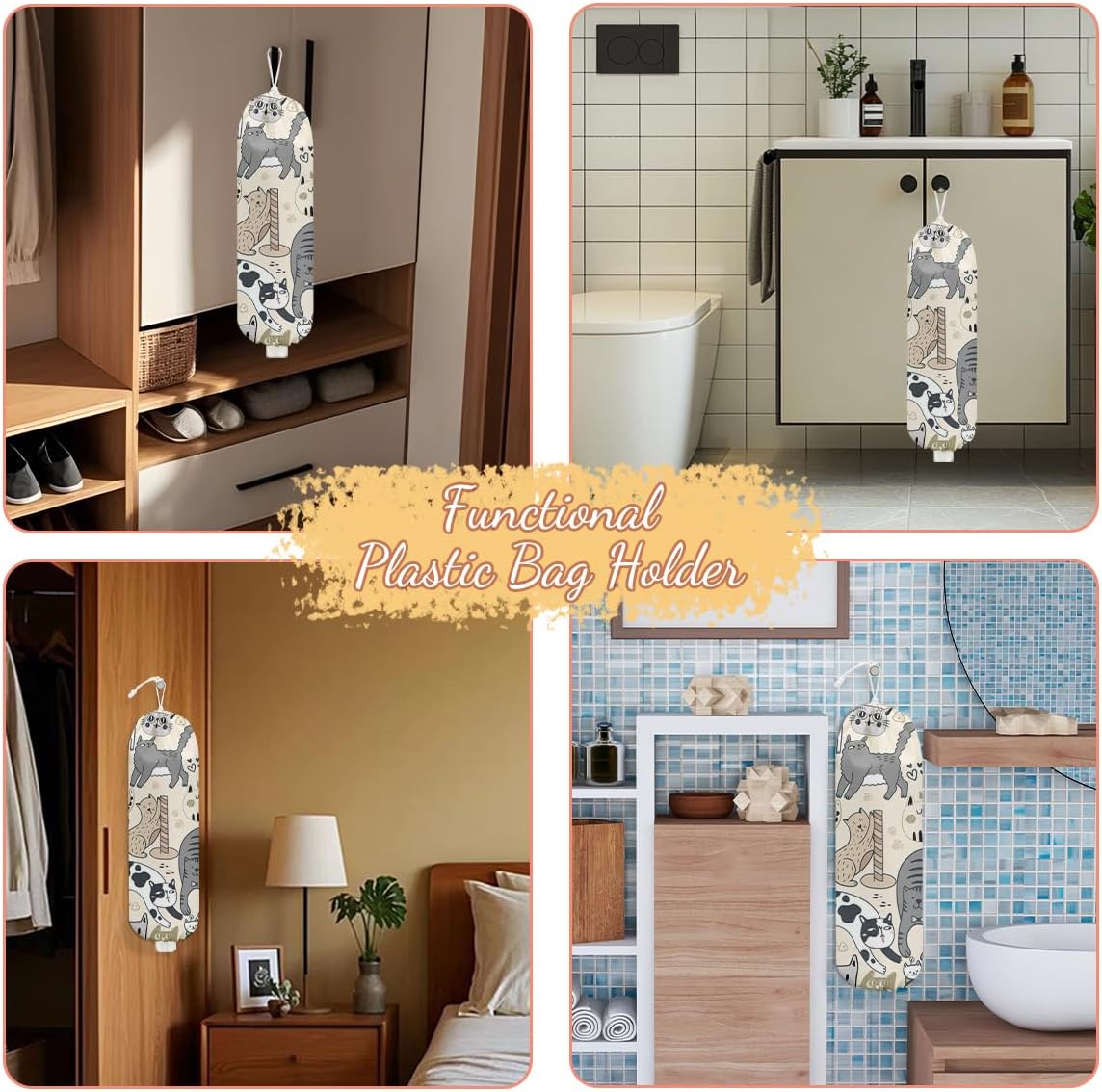 Cat Plastic Bag Holder, Wall Mount Grocery Bag Holder, Plastic Storage bag, Pull Rope Free Adjustment, Plastic Bag Holders for Grocery Bags, Plastic Bag Dispenser for Home Kitchen Travelling