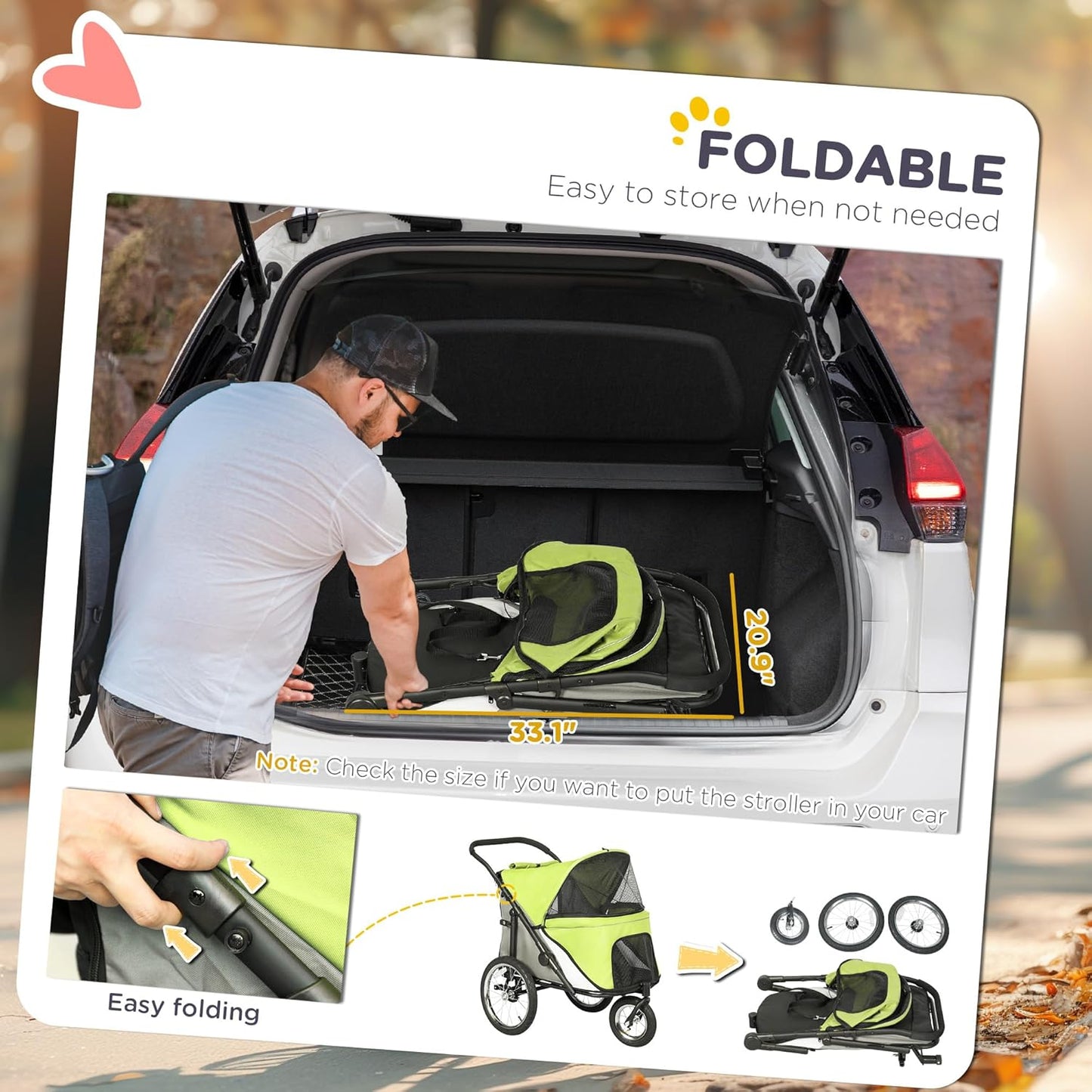PawHut Dog Stroller, Pet Stroller 3 Wheels with Easy One-Hand Fold, Rubber Wheels, Storage Bag, Soft Cushion, Safety Leash, for Small & Medium Dogs, Yellowish Green