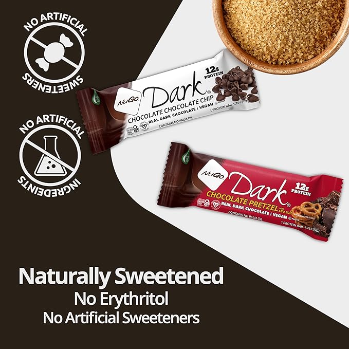 NuGo Dark Chocolate Almond With Sea Salt, 12g Vegan Protein, 200 Calorie, Gluten Free, 12 count
