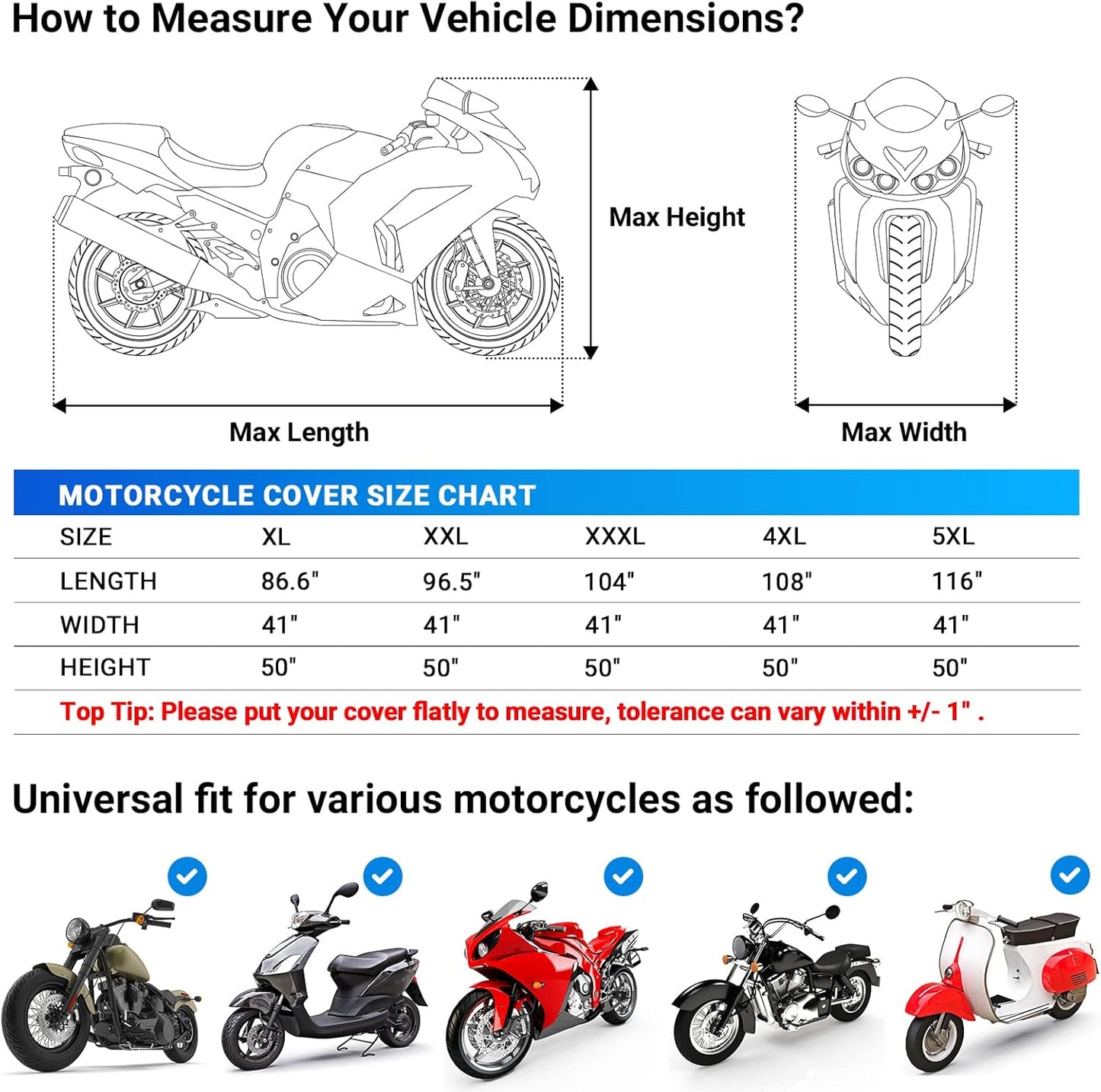 Favoto Motorcycle Cover Waterproof Outdoor - All Season Sun Protection with Lock-Holes Rain Snow Windproof Dustproof Universal Fit Motorbikes Vehicle Moped Cover, 96.5" x 41" x 50"
