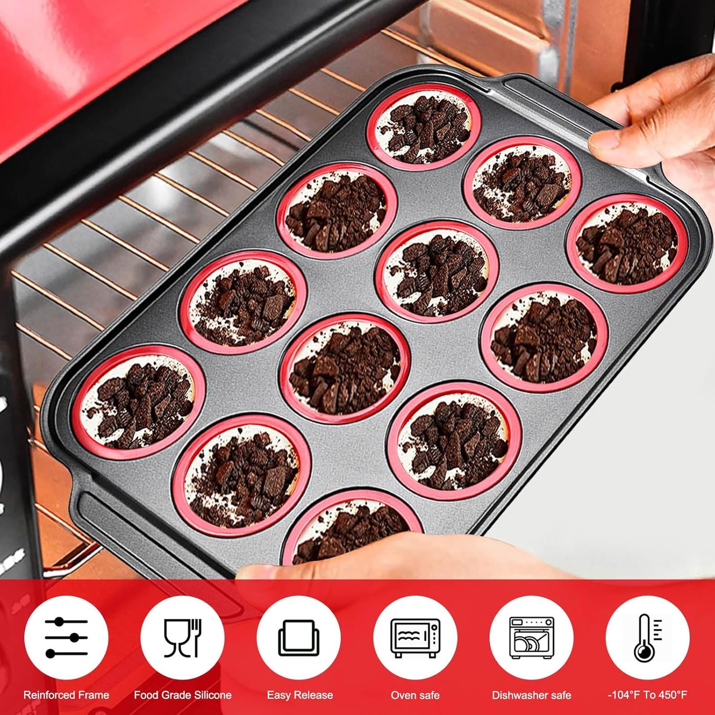 Silicone Muffin Pan with Metal Frame, Egg Bite Maker Silicone Molds for Baking, Cupcake Pans 12 Regular Size, Muffin Tins Easy to Pop Nonstick Non Toxic Bakeware for Oven (Gray-6)