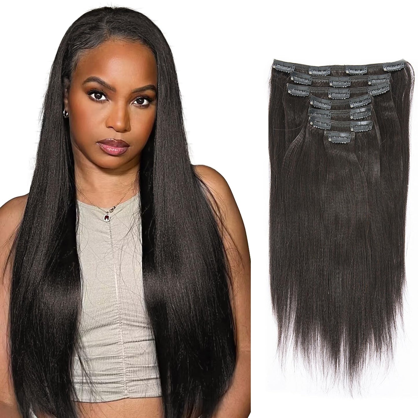 Lacer 10 Inch Yaki Clip In Hair Extensions Human Hair, Natural Black Thick Light Yaki Straight Clip Ins Remy Human Hair For Fash