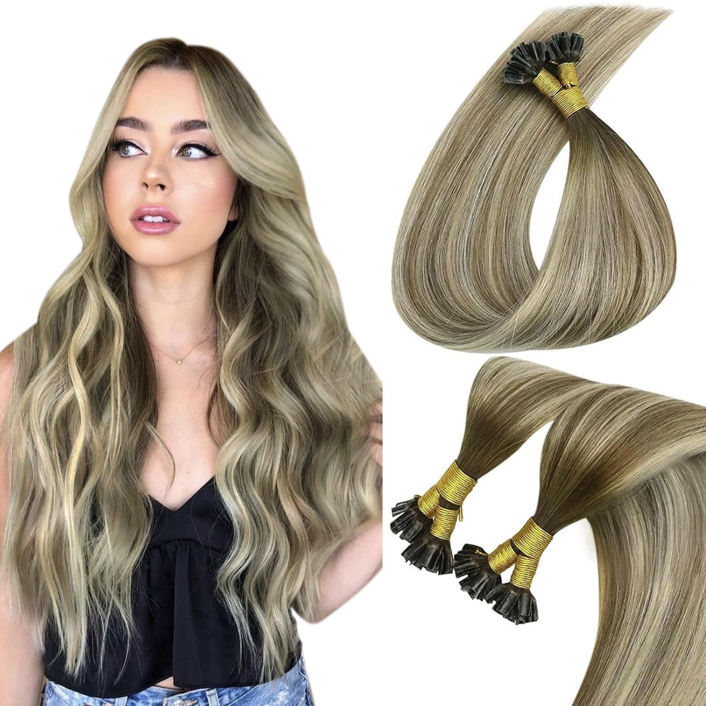 Sunny Hair U Tip Hair Extensions Brown Ombre 50G U Tip Hair Extensions Human Hair Cool Brown Balayage Light Brown Highlight Blon