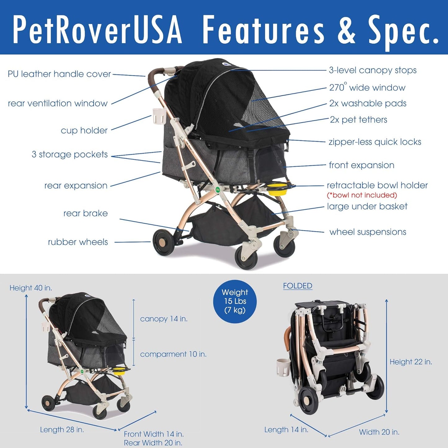 Lite Premium Light-Weight Dog/Cat/Pet Stroller Travel Carriage with Convertible Compartment/Zipper-Less Entry/1-Hand Quick Fold/Aluminum Frame for Small & Medium Pets (Black 2nd-Gen.)
