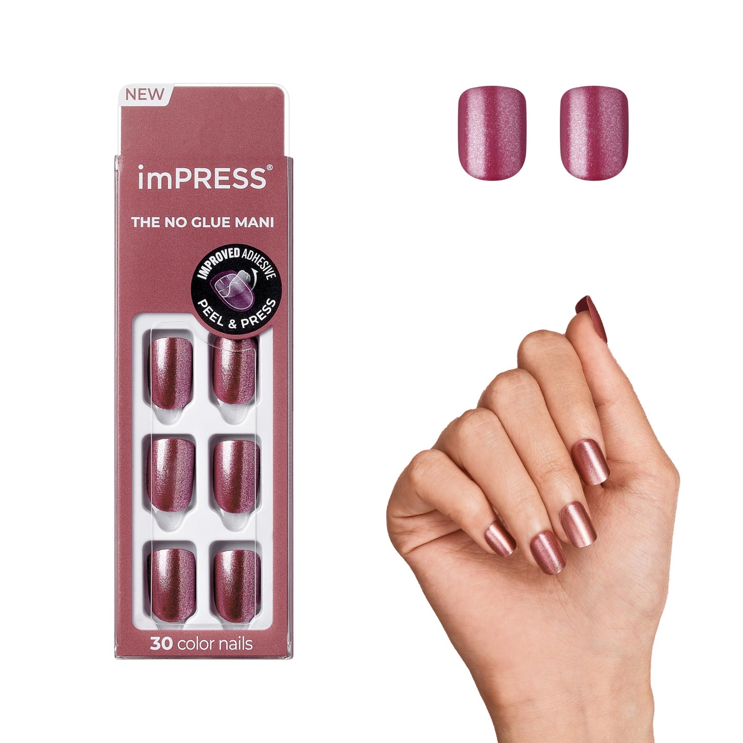Kiss Impress No Glue Mani Press On Nails, Color, Peanut Pink', Pink, Short Size, Squoval Shape, Includes 30 Nails, Prep Pad, Ins