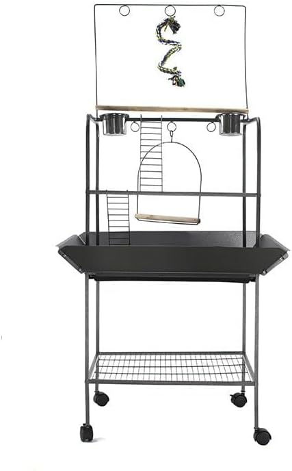 62'' Wrought Iron Birdcage with Detachable Rolling Stand & Feeder, Large Bird Cage with Secure Lock & Slide-Out Tray, Indoor Outdoor Bird Cage on Wheels,Parrot Cages for Parakeets, Pigeons, Black