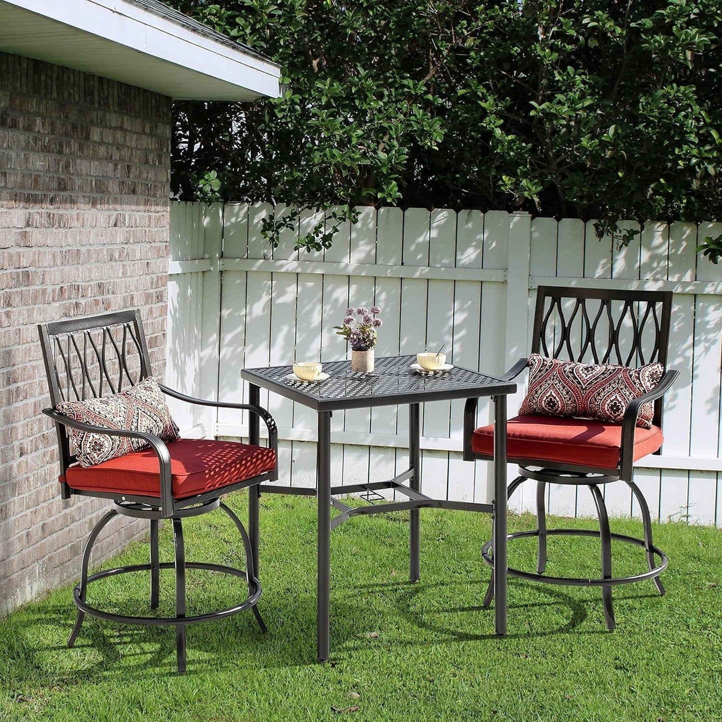 ETHFRF Patio Bar Table with Umbrella Hole, Steel Metal Frame Bar Height Bistro Table, Outdoor Bar Table for Garden, Backyard, Patio and Poolside, Black