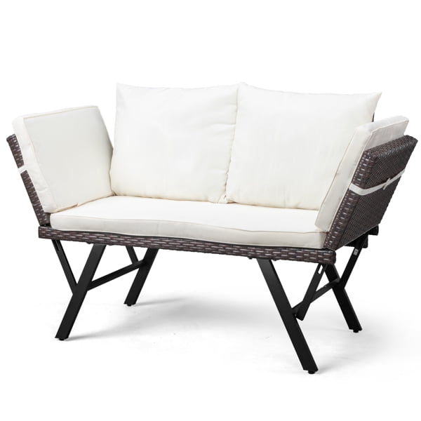 Outdoor Sofa, Woven Rattan Patio Furniture, Convertible Daybed or Double Chair with Adjustable Armrests, Cushions and Pillows for Yard Porch Pool