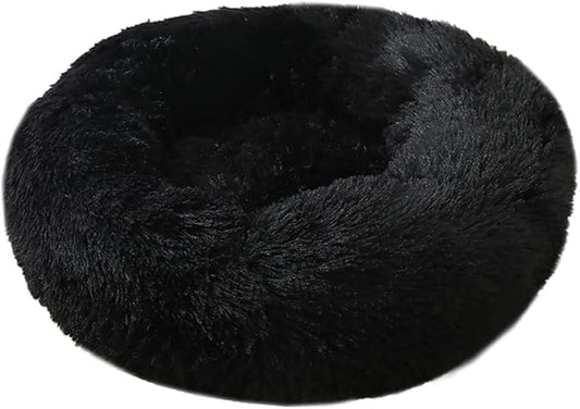 Calming Faux Fur Dog Beds Calming Donut Cuddler Dog Bed Washable Round Cat Bed Pillow Cuddler Fluffy Indoor Dog Calming Beds with Anti Slip Bottom Solid Color Black 35 Inch