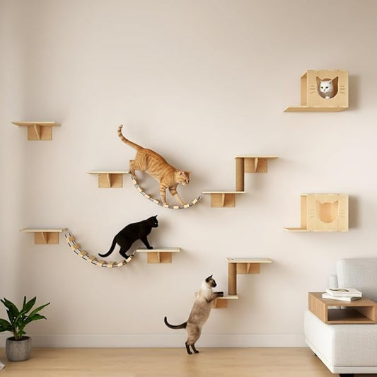 Cat Wall Shelves, Wood 8-in-1 Cat Wall Furniture Set, Large Cat Shelves for Wall with Scratching Post, Cat Climbing Wall Activity Center for Climb, Play, Rest, and Scratch, Natural Wood