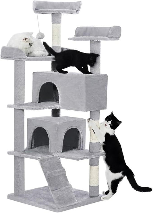 56-Inch Multi-Level Cat Tree Tower for Indoor Cats with 2 Condos, Scratching Posts & Hanging Toys – Large Cat Activity Center Furniture, Light Gray