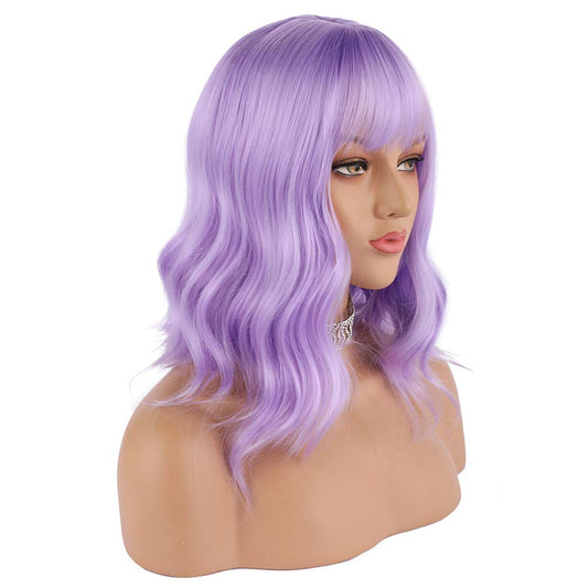 Enilecor Lavender Purple Wig Short Colorful Curly Wavy Synthetic Bob Wigs With Air Bangs 14'' Natural Wigs For Women