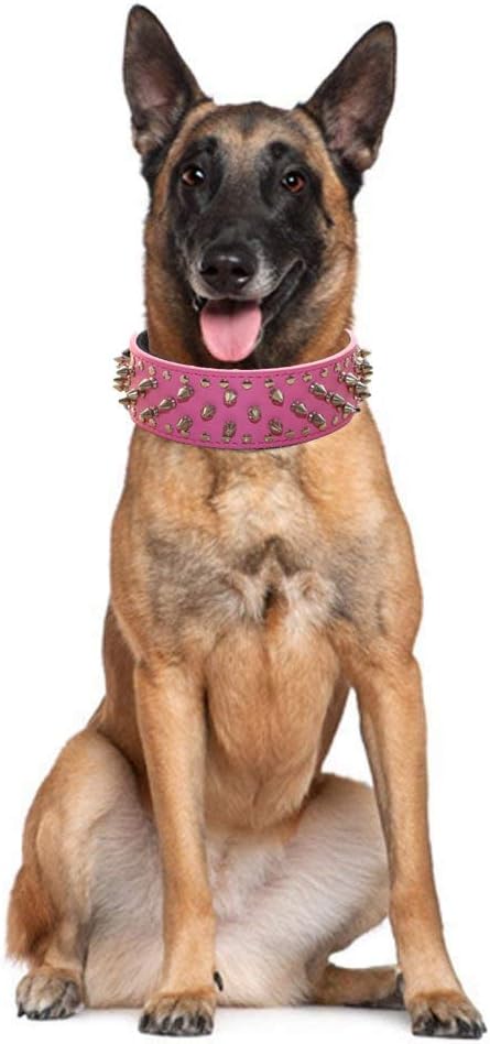 Serijoars Spiked Studded Dog Collar, PU Leather Dog Collar, Adjustable Pet Collars for Medium or Large Breed Pet (M, White)