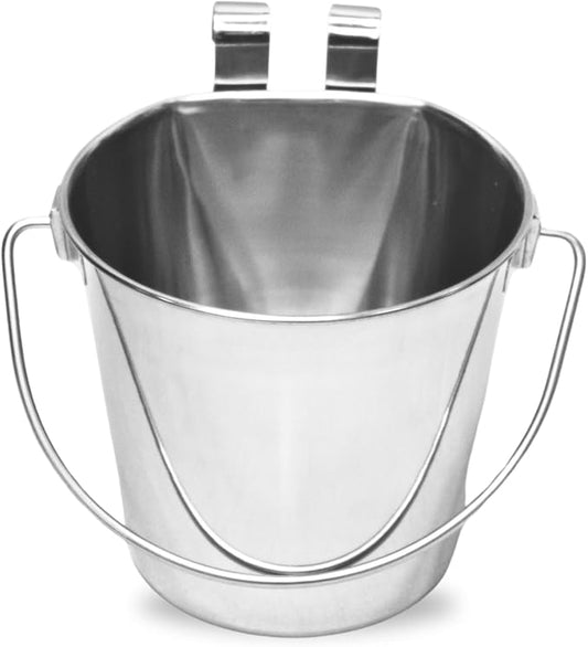 6 quart Stainless Steel Flat Sided Bucket with Dual Hooks | 1.5 gal Durable Food & Water Bowl for XL Dog Goat Sheep & Livestock | Fits kennel Cage Critter Crate | Hanging Utility Pet Pail