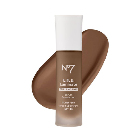 No7 Lift & Luminate Triple Action Serum Foundation - Umber - Liquid Foundation Makeup With Spf 15 For Dewy, Glowy Base - Radiant
