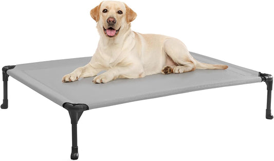 Veehoo Outdoor Elevated Dog Cot Bed, Cooling Raised Pet Bed for Large Dogs, Washable Breathable Mesh Hammock Bed with No-Slip Feet, Indestructible Ground Off Training Platform Cot-42"x30" Grey