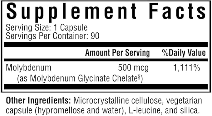 Seeking Health Molybdenum 500, Molybdenum Glycinate Chelate Supplement to Support Healthy Detoxification, Supports Metabolism and Iron Utilization, Vegetarian (90 capsules)