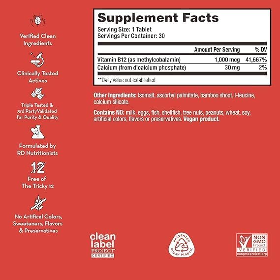 HUM B12 Turbo - Daily Energy & Calcium Support & Mood Support + Hormone Balance - Non-GMO, Gluten-Free, Vegan (30-Count)
