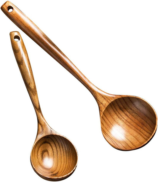 2 Pcs Wooden Spoon Ladle for Cooking Spoons Best Non Toxic Kitchen Tools -14 inch Long Kitchen Cooking Utensil & 11 inch Best Wood Spoons Large Deep Ladle Serving Spoons Soup Ladles Set
