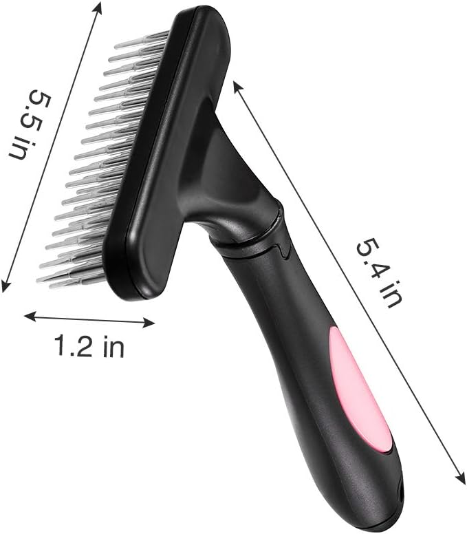 Pet Grooming Rake - Double Row Pins Shedding and Dematting Undercoat Rake Comb for Dogs, Cats, Matted, Short, Long Hair Coats - Safe Grooming & Deshedding Brush - Comb Out Mats & Tangles Easily