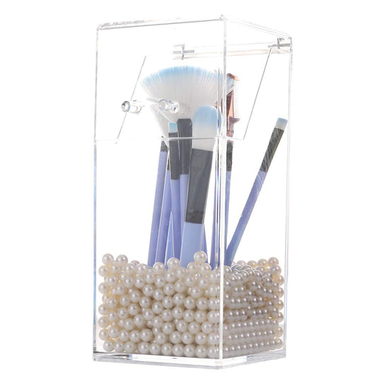 Sooyee Makeup Brush Holder,Makeup Brush Organizer With 8Mm White Pearls,Dustproof Makeup Brush Holder With Lid