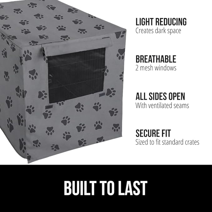 GORILLA GRIP Dog Crate Covers compatible with Amazon Basics Dog Crates, All Sides Open, Privacy Cover Fits 42" Wire Kennel, Breathable Mesh Windows, Light Reducing Puppy Training Cage Topper, Gray Paw