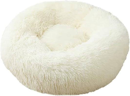 Calming Faux Fur Dog Beds Calming Donut Cuddler Dog Bed Washable Round Cat Bed Pillow Cuddler Fluffy Indoor Dog Calming Beds with Anti Slip Bottom Solid Color White 27 Inch