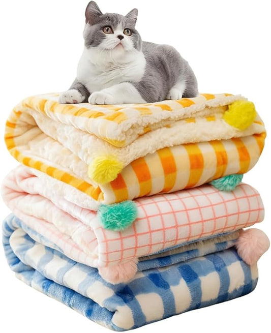 3Pcs Blankets Soft Fluffy Sherpa Fleece Pet Blanket Plaid Blanket for Dog Puppy Cat (Plaid-3pcs, Large)