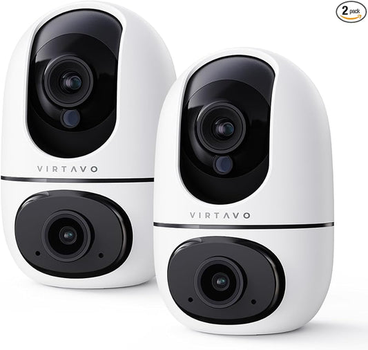 VIRTAVO XD1 Indoor Pet & Baby Camera, No Subscription Required, Dual-Lens 360° PTZ, Motion Tracking, 2-Way Audio, Night Vision, Cloud/SD Storage, Phone App, WiFi, 2-Pack,Power Adapter Included