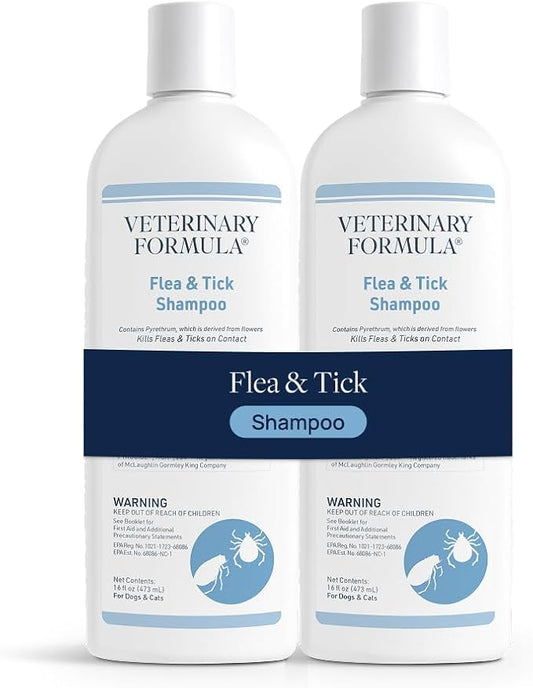 Veterinary Formula Flea and Tick Shampoo for Dogs and Cats, Flea and Tick Control Formula Helps Soothe Itchy Skin While Cleansing, Paraben, Dye, and Soap Free, 2 Pack, 16 fl oz Each