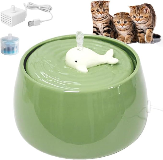 Ceramic Cat Water Fountain, 45oz/1.3L Ultra-Silent Automatic Pet Drinking Water Dispenser for Cats Indoor with Cute Design, Activated Carbon Filter, Perfect for Cats and Small Dogs (Green)