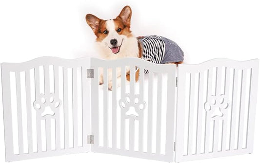 Pet Gate, Wooden Free Standing Dog Gate for Small Dogs and Cats. Great Folding Fence for Doorways, Halls, Stairs. White